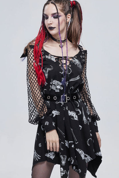 Black Gothic Knit Bone Print Sling Metal Grommet Strap Design Long Sleeve Women's Dress
