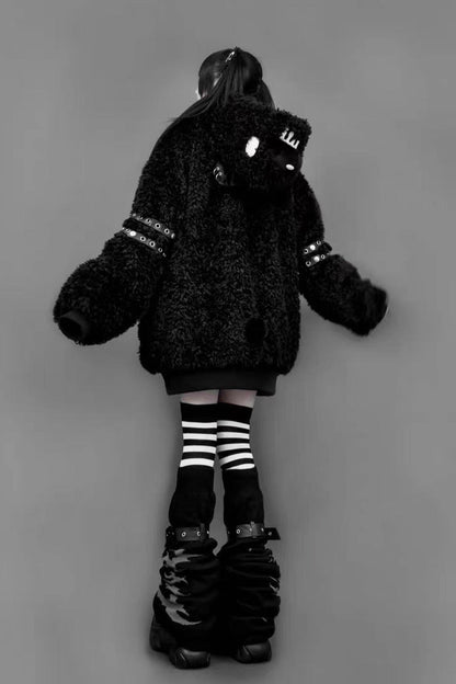 Black Long Sleeves Bear Ears Hooded Zippered Gothic Jirai Kei Lolita Coat