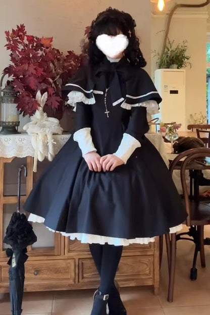 Black Long Sleeves Ruffled Bow Maid Gothic Lolita Dress Cloak Two-piece Set