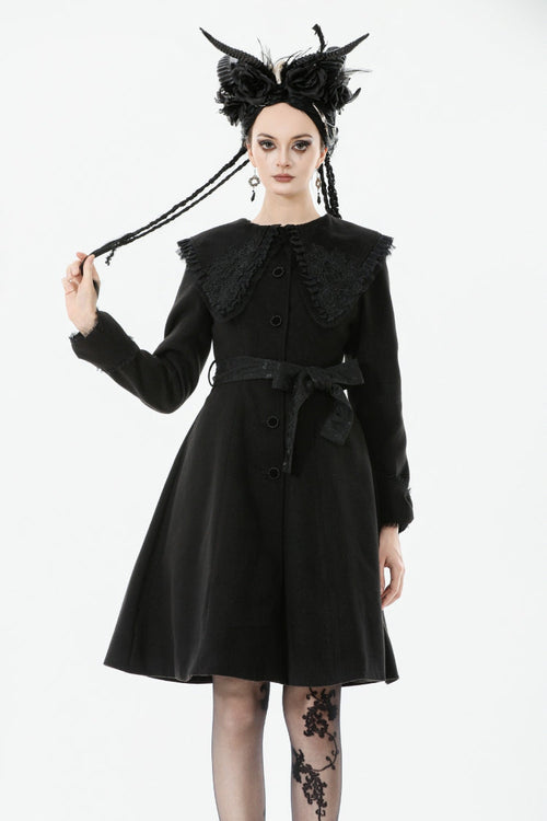 Black Floral Embroidered Peter Pan Collar Long Sleeves Bowknot Women's Gothic Coat