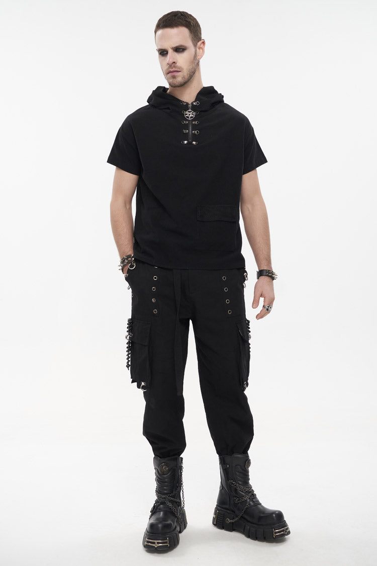 Black Hooded Mesh Splice Zipper Back Openwork Lace-Up Casual Short Sleeve Men's Punk T-Shirt
