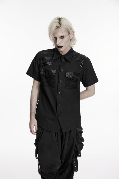 Black Lapel Collar Short Sleeves Cut-Out Spliced Men's Punk Shirt