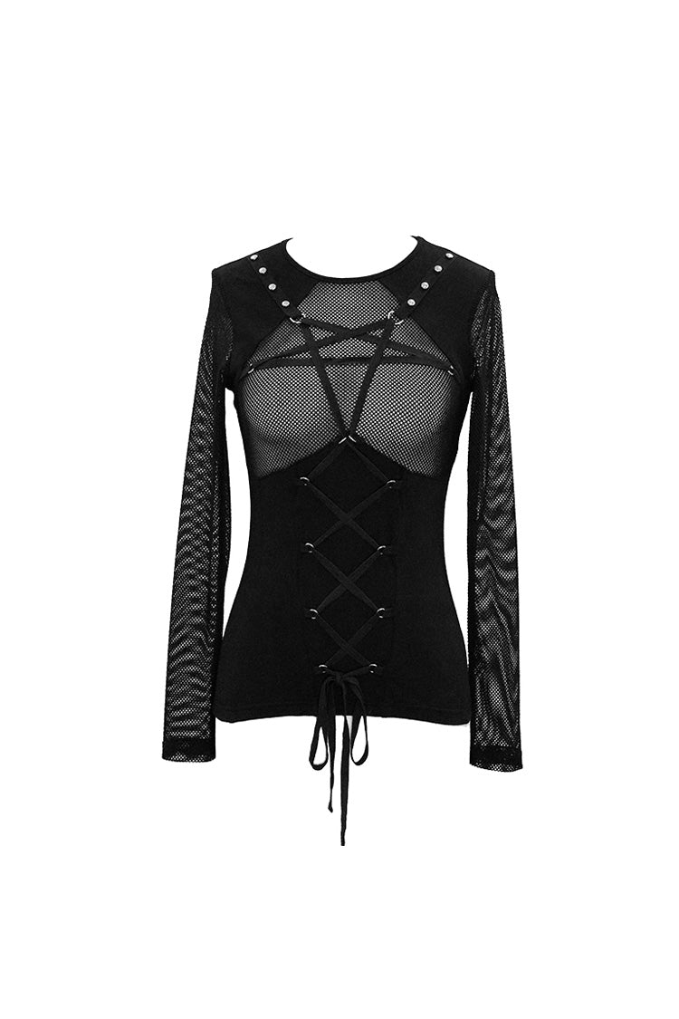Black Chest Perspective Pentagram Lace Up Mesh Tight Women's Punk T-Shirt