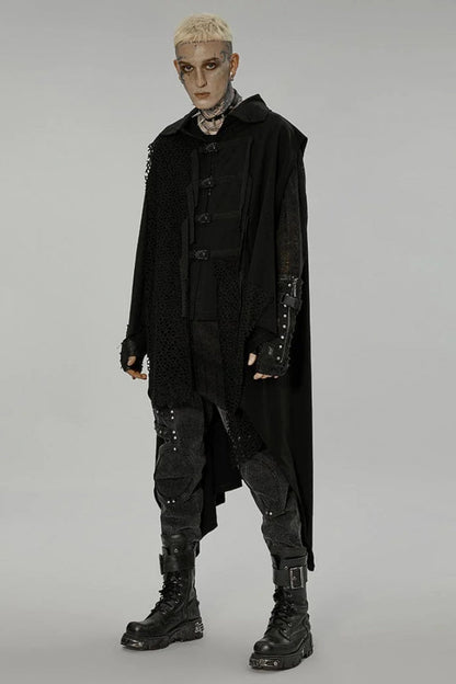 Black Lapel Collar Stitching Irregular Hem Webbing Buckle Mens Steampunk Vest