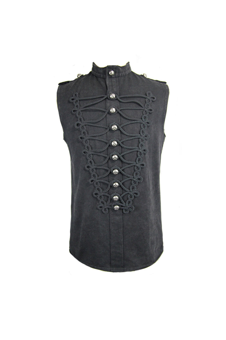 Black Military Uniform Style Chest Chinese Frog Button Sleeveless Men's Punk T-Shirt