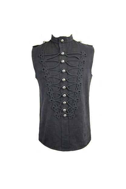 Black Military Uniform Style Chest Chinese Frog Button Sleeveless Men's Punk T-Shirt