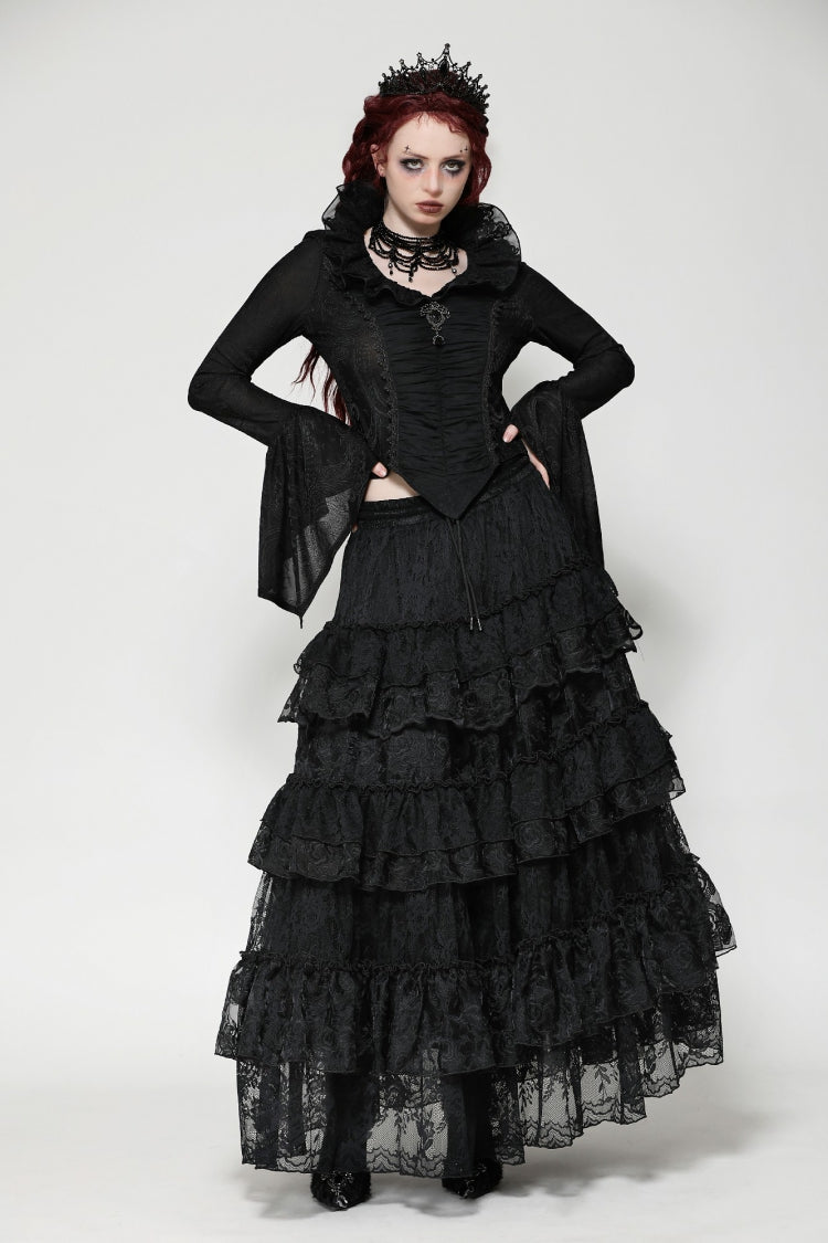 Black Lace Ruffled V Stand Collar Long Flared Sleeves Jacquard Women's Gothic Blouse