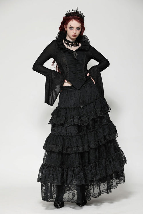 Black Lace Ruffled V Stand Collar Long Flared Sleeves Jacquard Women's Gothic Blouse