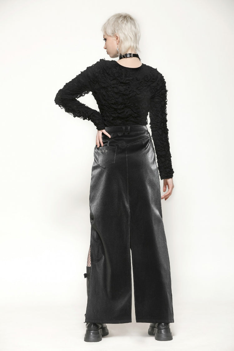 Black Leather Women's Punk Buckled Side Slit Irregular Hem Skirt