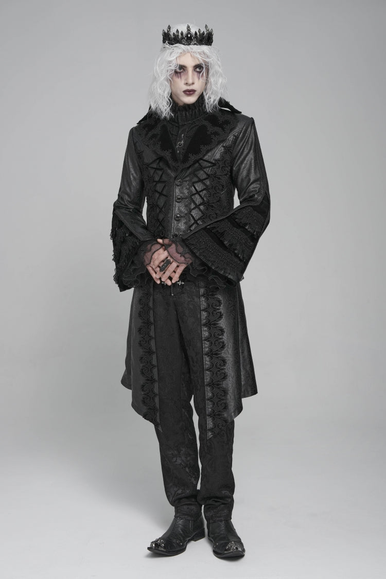 Black Long Trumpet Sleeves Floral Crochet Embroidery Lace-Up Men's Gothic Coat