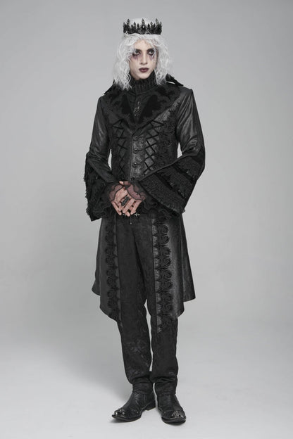 Black Long Trumpet Sleeves Floral Crochet Embroidery Lace-Up Men's Gothic Coat