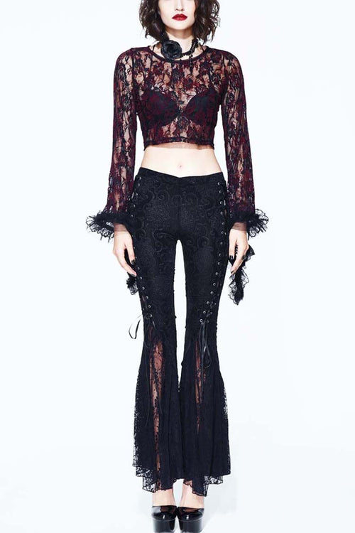Black Palace Pattern Lace-Up Velveteen Lace Flared Women's Gothic Pants