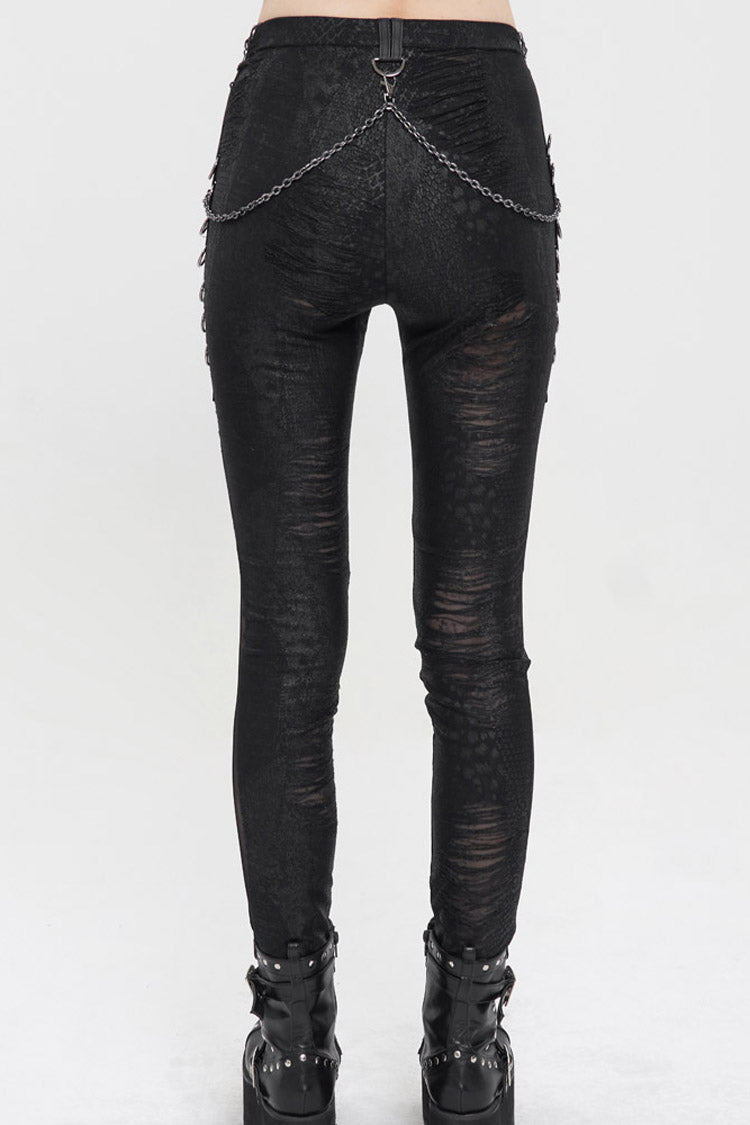Black Knitted Fabric Detachable Chain Trim Irregular Semi-Perspective Knit Women's Punk Pants