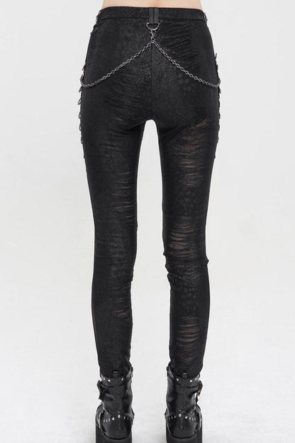 Black Knitted Fabric Detachable Chain Trim Irregular Semi-Perspective Knit Women's Punk Pants