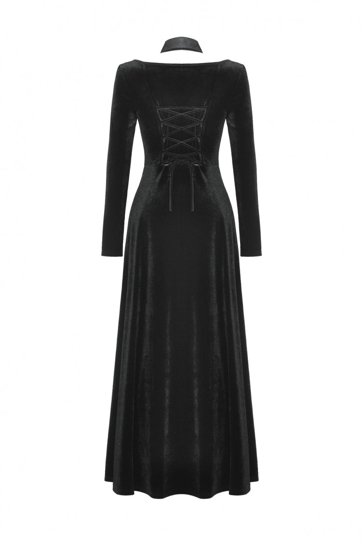 Black Long Sleeves Cut-Out Lace-Up Women's Gothic Side Slit Velvet Party Dress Wedding Dress