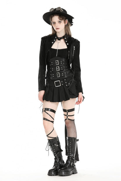 Black Long Sleeves Spliced Lace-Up Women's Gothic High Low Faux Leather Long Tail Jacket