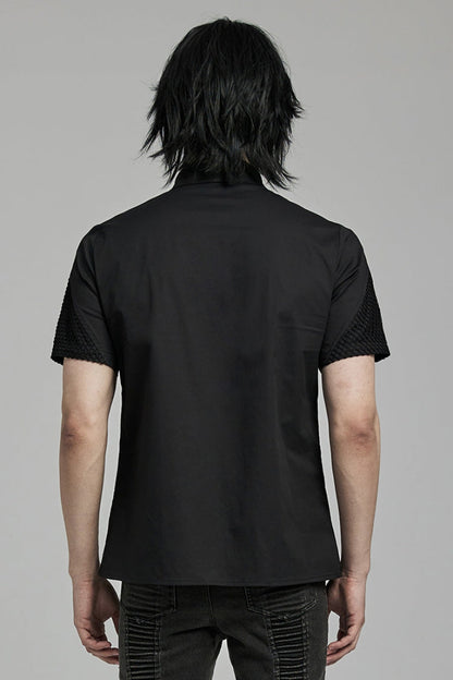 Black Lapel Collar Short Sleeves Mesh Stitching Men's Punk Blouse