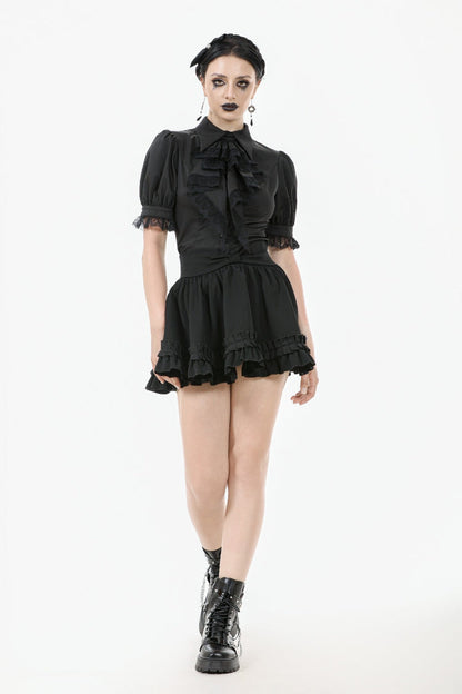 Black Point Lapel Collar Short Puff Sleeves Women's Gothic Blouse with Removable Rosette Cravat