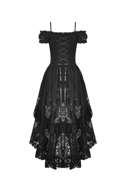 Black Boat Neck Off Shoulder Short Puff Sleeves Ruffled Lace Lace-Up Irregular Women's Gothic Dovetail Dress