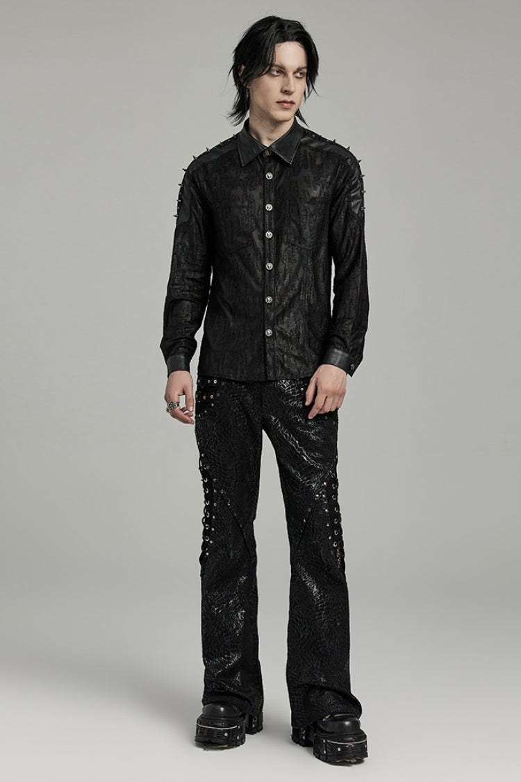 Black Lapel Collar Long Sleeves Faux Leather Stitching Men's Punk Blouse