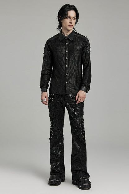 Black Lapel Collar Long Sleeves Faux Leather Stitching Men's Punk Blouse