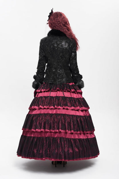 Black Long Sleeves Rose Floral Embroidery Buckle Straps Women's Gothic Coat