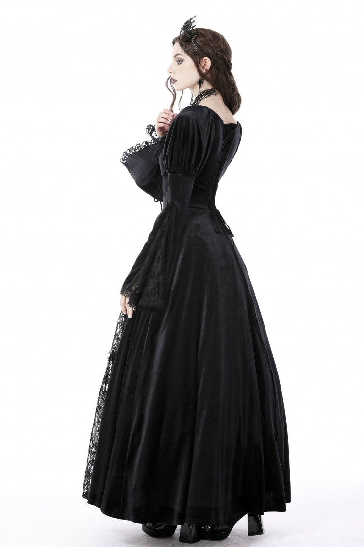 Black Long Puff Sleeves Spliced Lace Lace-Up Women's Gothic Vintage Velvet Wedding Dress