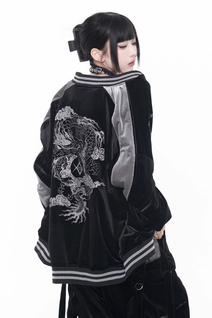 Black Long Sleeves Print Embroidery Gothic Jirai Kei Chinese Style Japanese Coat