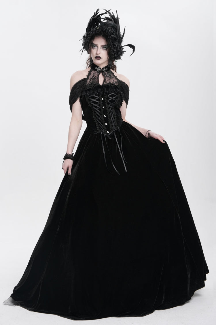 Black Off Shoulder Embroidery Lace Lace-Up Women's Gothic Gown Dress