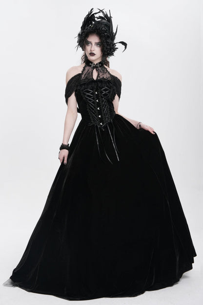 Black Off Shoulder Embroidery Lace Lace-Up Women's Gothic Gown Dress