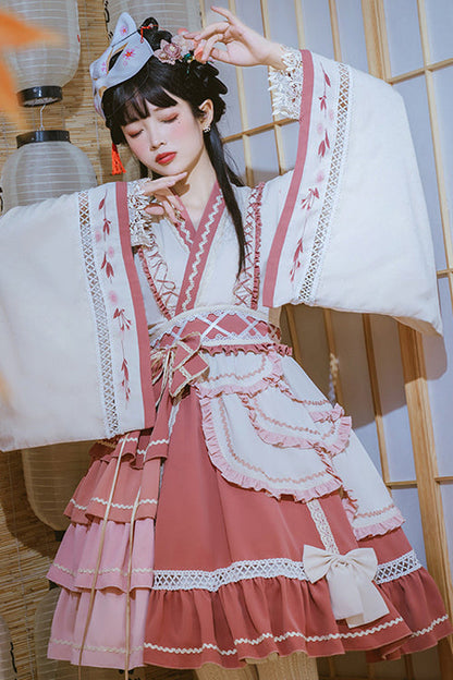 Beige/Pink Wide Sleeved Multi-Layered Ruffle Sweet Lolita OP Dress