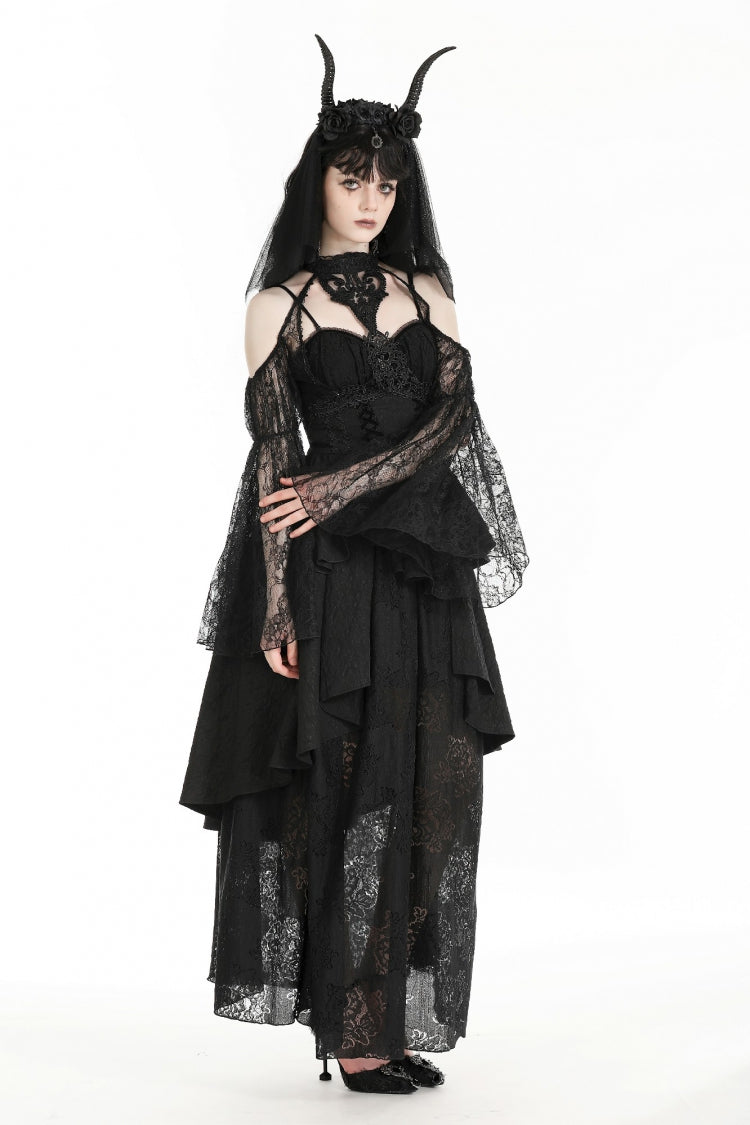 Black Off Shoulder Long Puff Sleeves Cut-Out Lace Women's Gothic Cape