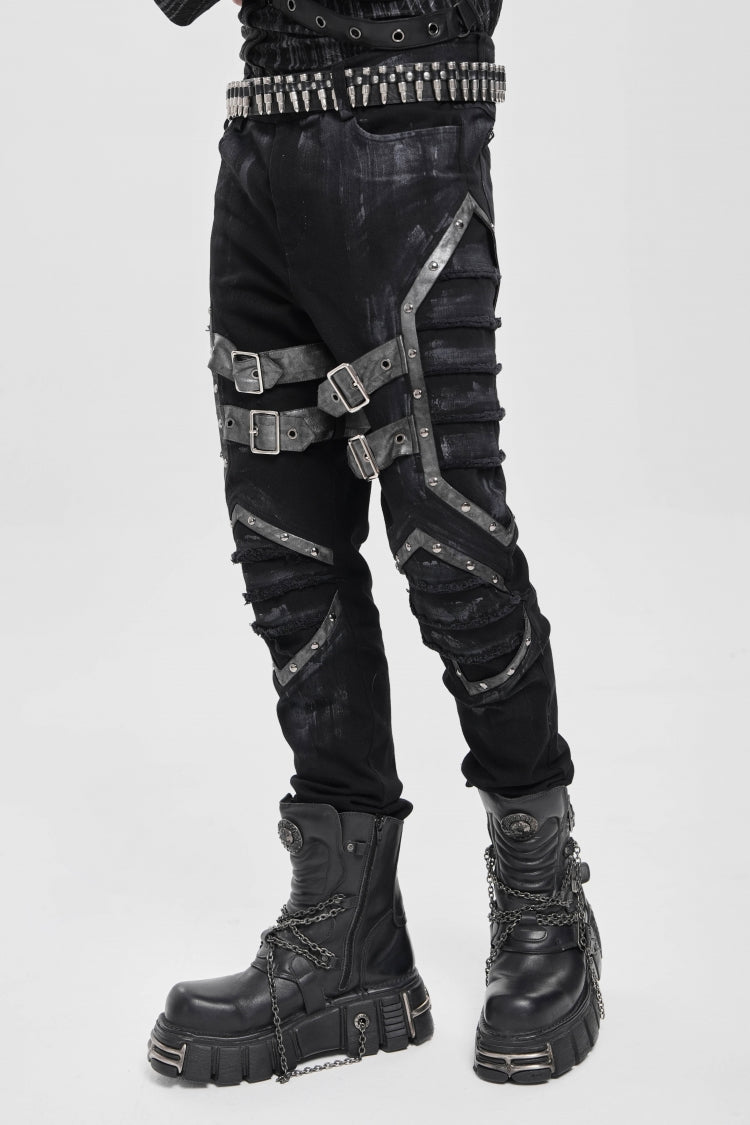 Black Buckle Straps Pleated Men's Punk Pants