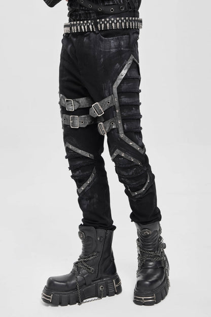 Black Buckle Straps Pleated Men's Punk Pants