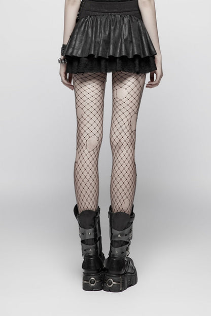 Black Multi-layer PU Leather Stitching Lace Women's Steampunk Skirt