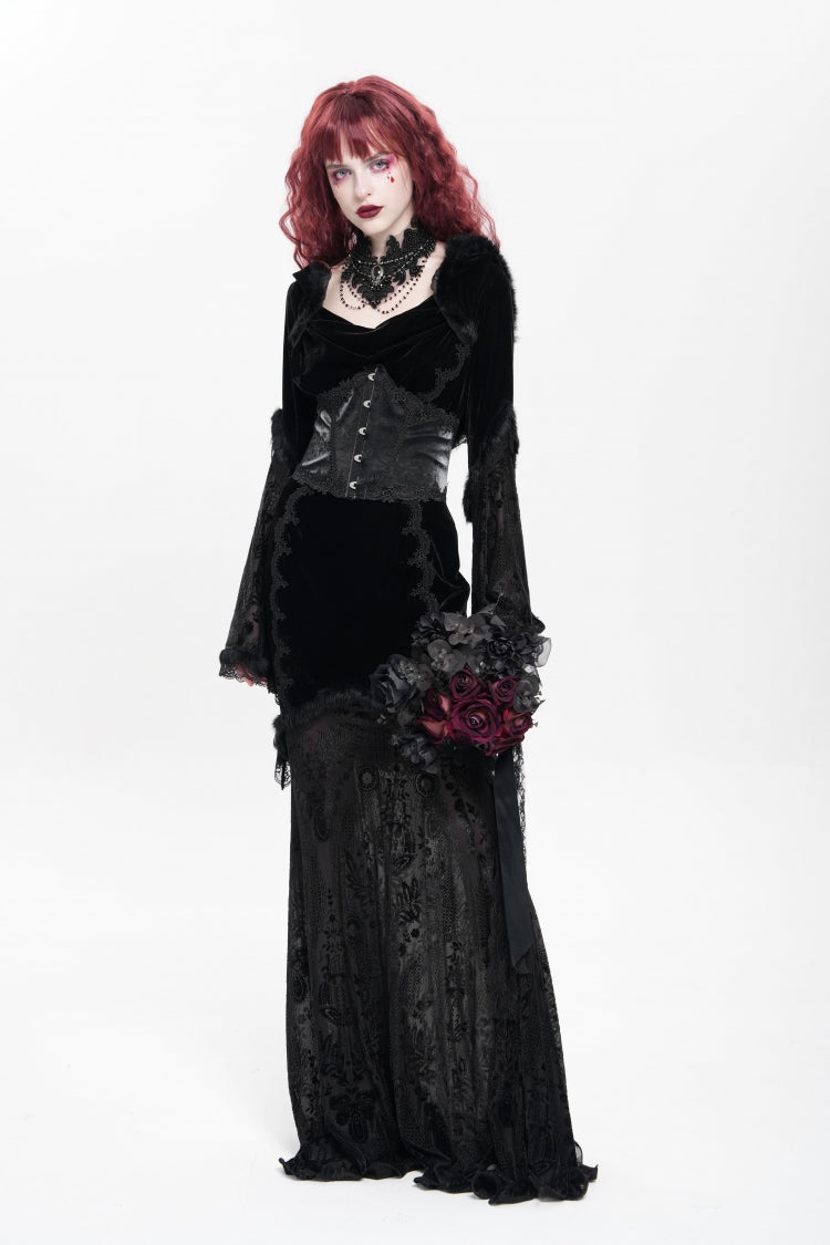 Black Long Trumpet Sleeves Embroidery Stitching Lace Hooded Mesh Women's Gothic Dress
