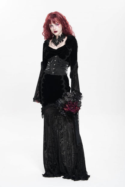 Black Long Trumpet Sleeves Embroidery Stitching Lace Hooded Mesh Women's Gothic Dress