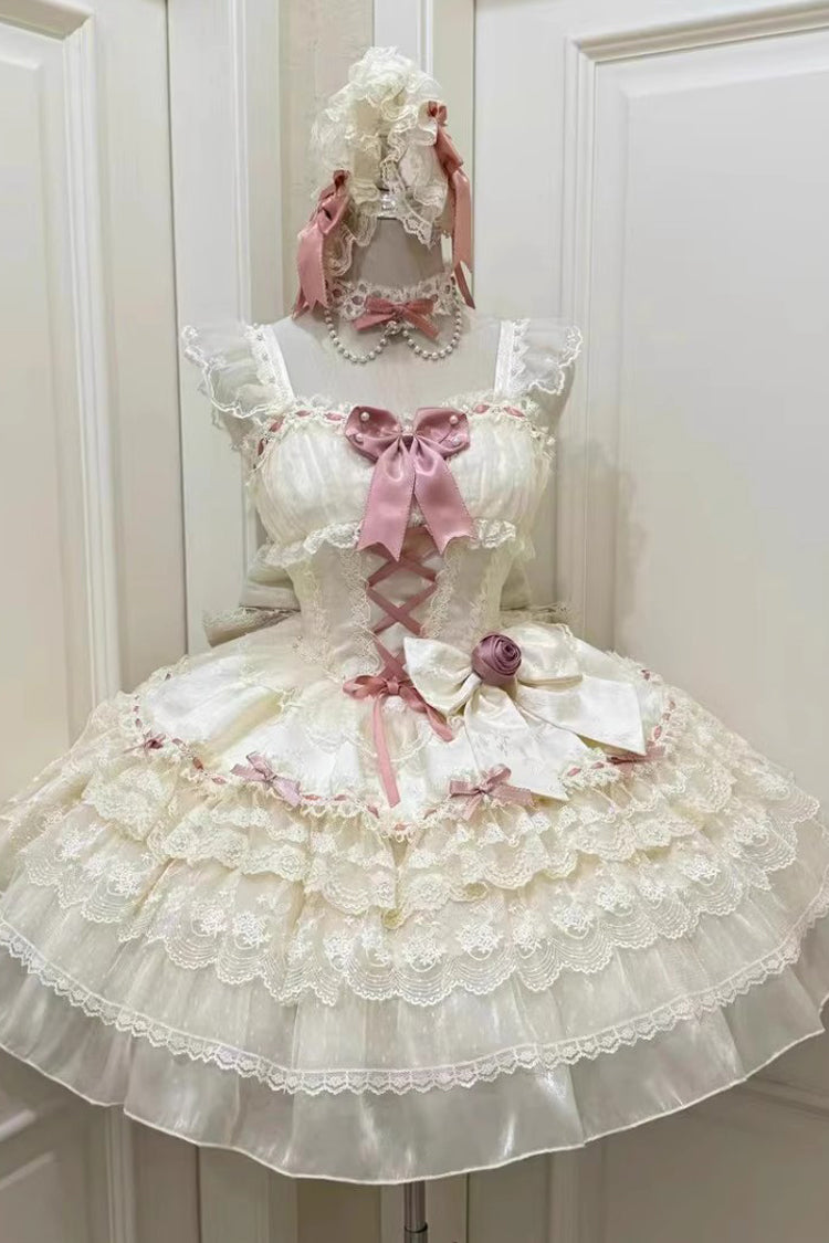 Apricot [Rose Canticle] Sleeveless Multi-Layered Bowknot Lace Lace-Up Pearl Ballet Sweet Lolita Jsk Dress