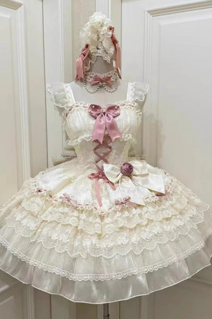 Apricot [Rose Canticle] Sleeveless Multi-Layered Bowknot Lace Lace-Up Pearl Ballet Sweet Lolita Jsk Dress