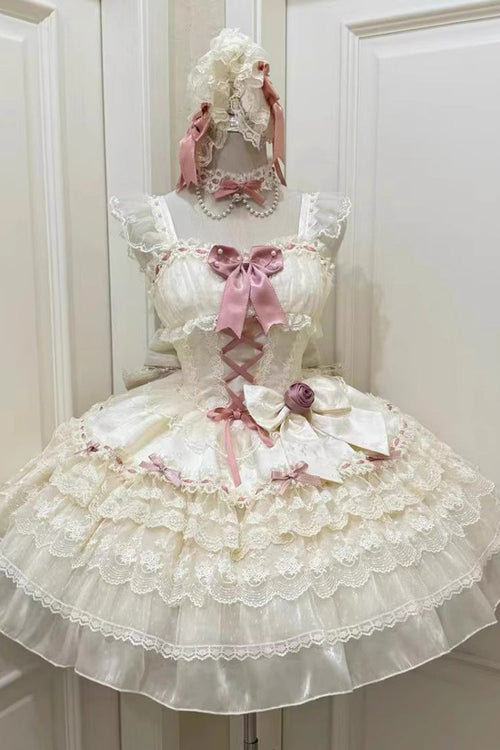 Apricot [Rose Canticle] Sleeveless Multi-Layered Bowknot Lace Lace-Up Pearl Ballet Sweet Lolita Jsk Dress