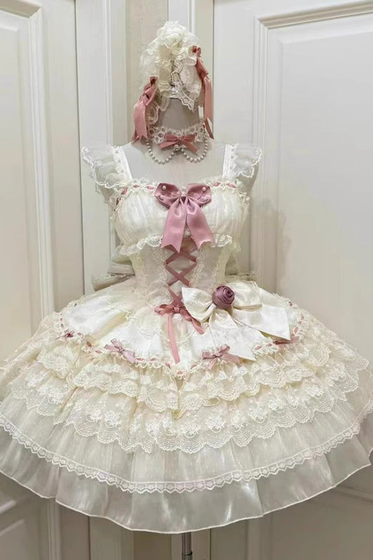 Apricot [Rose Canticle] Sleeveless Multi-Layered Bowknot Lace Lace-Up Pearl Ballet Sweet Lolita Jsk Dress