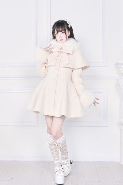 Apricot Plush Collar Long Sleeves Bowknot Japanese Sweet Lolita Coat