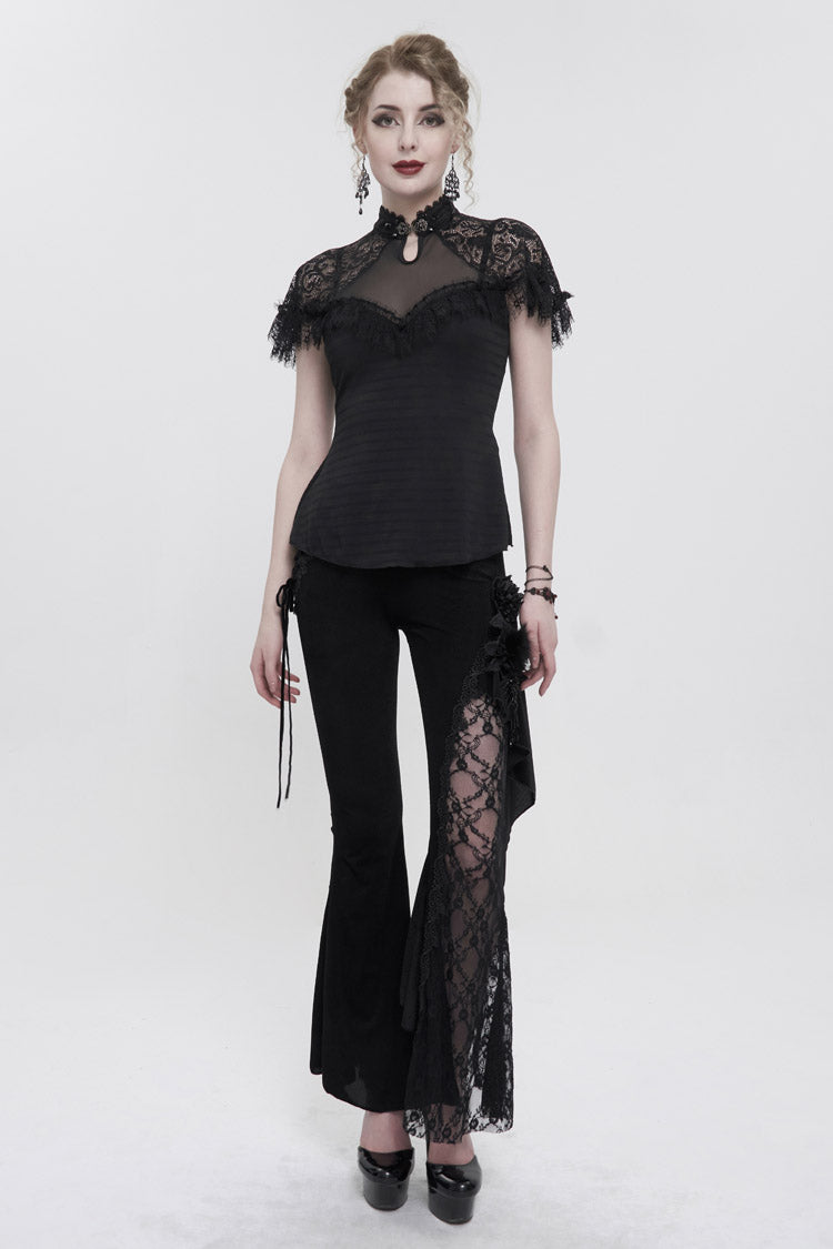 Black Chinese Style V-Neck Nail Drill Chest Stitching Mesh Raglan Sleeves Gothic Cheongsam Style Women's Slim T-Shirt