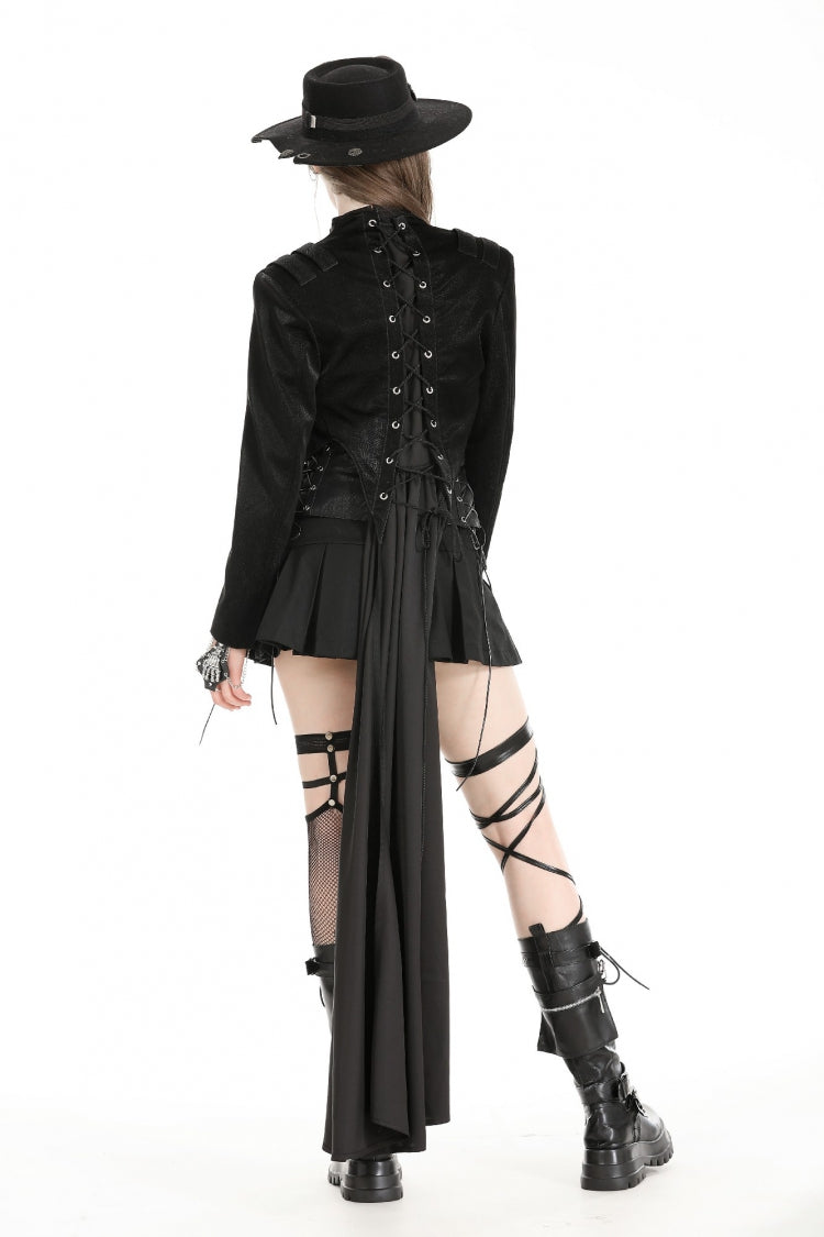 Black Long Sleeves Spliced Lace-Up Women's Gothic High Low Faux Leather Long Tail Jacket