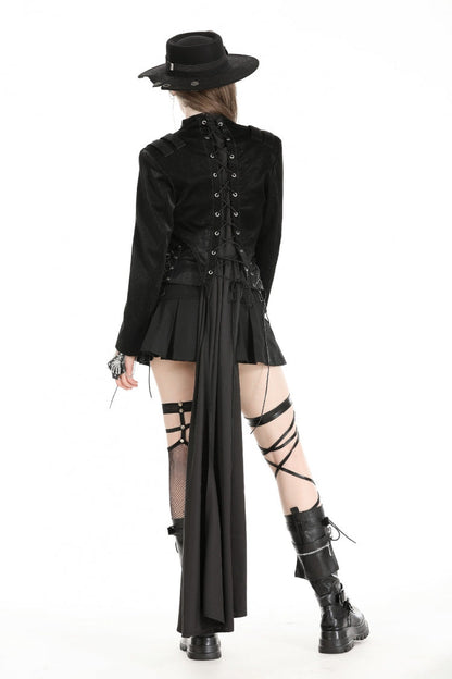 Black Long Sleeves Spliced Lace-Up Women's Gothic High Low Faux Leather Long Tail Jacket