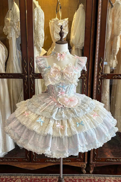 Bkue/Pink [Cloudwhale Dreamweaver] Square Collar Multi-Layered Ruffled Bow Lace Sweet Lolita Jsk Dress