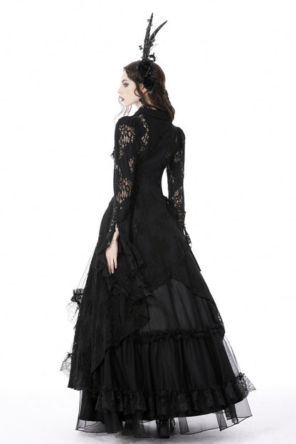 Black Lapel Collar Long Sleeves Ruffled Irregular Lace Lace-Up Women's Gothic Jacket Dress