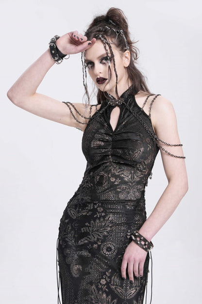 Black Off Shoulder Halterneck Sleeveless Side Slit Women's Gothic Dress