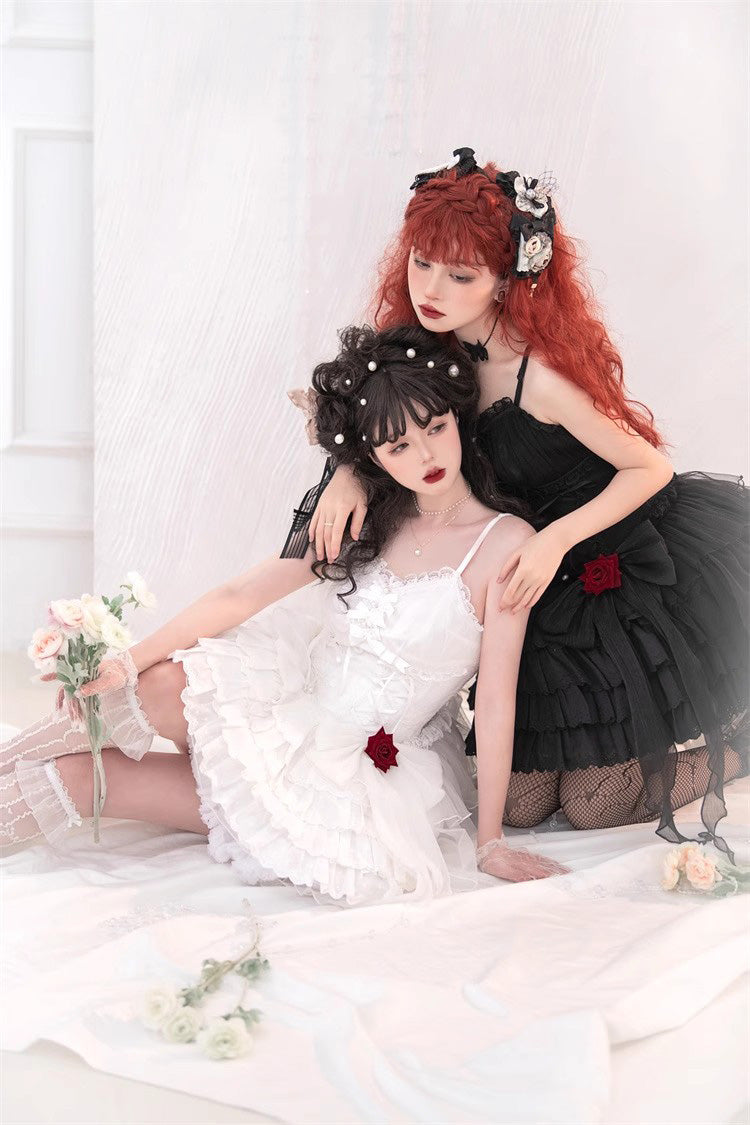 Black High Waisted Multi-layer Rose Bowknot Lace-Up Gothic Lolita Jsk Dress