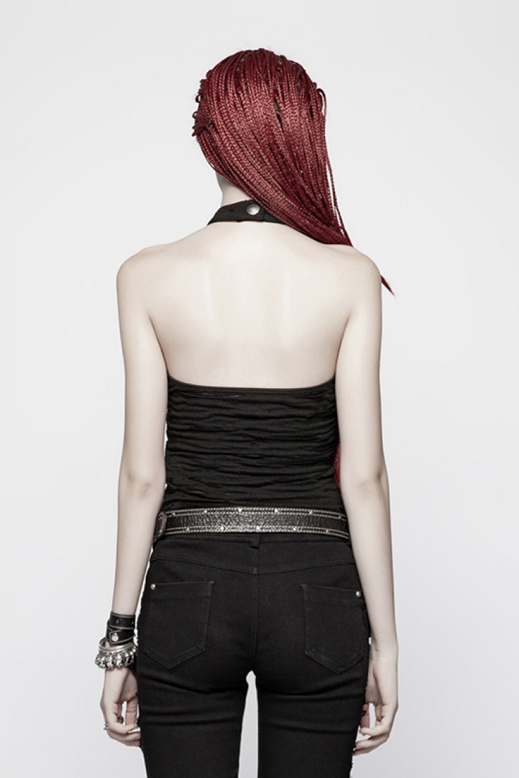 Black Metal Chain Sleeveless Ripped Women's Halter Steampunk Vest